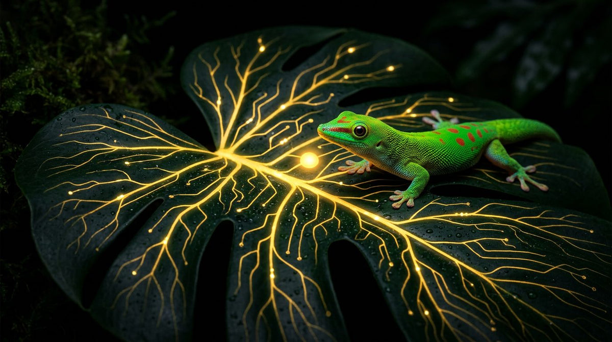 Glowing gecko on a circuit leaf, Zanana AI marketing